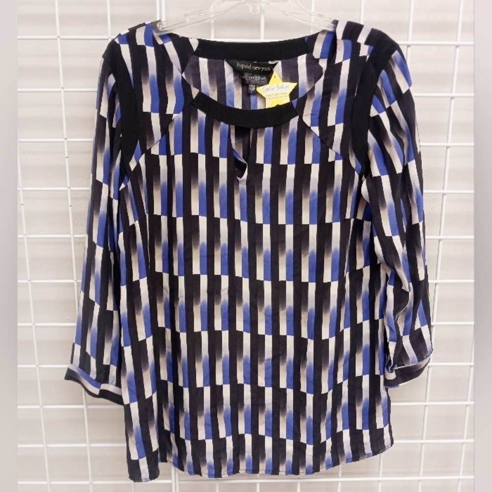 PEA IN POD MATERNITY Liquid NY black & blue striped 100% Silk blouse